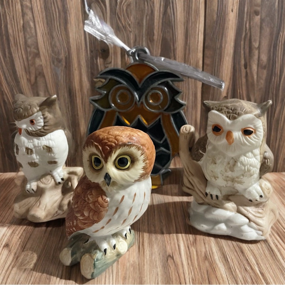 Three Ceramic Owl Figures with Stained Glass Owl